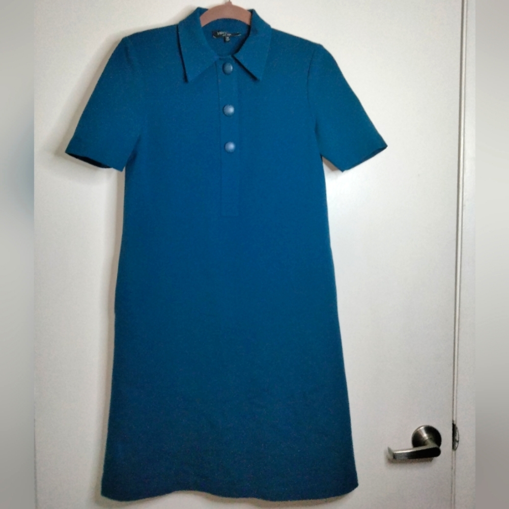 Lafayette 148 New York (Size XS) Teal Blue Button Collar Slip Pocket Shift Dress